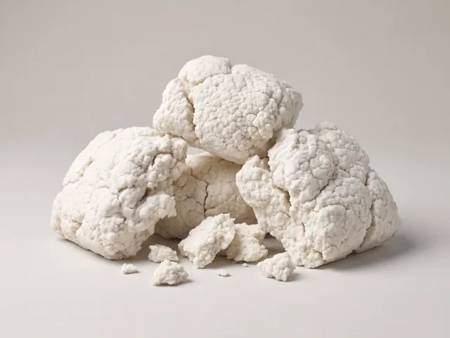 Dense chunks of white cellulose fibre torn apart, with crumbs at their foot, on a warm grey surface