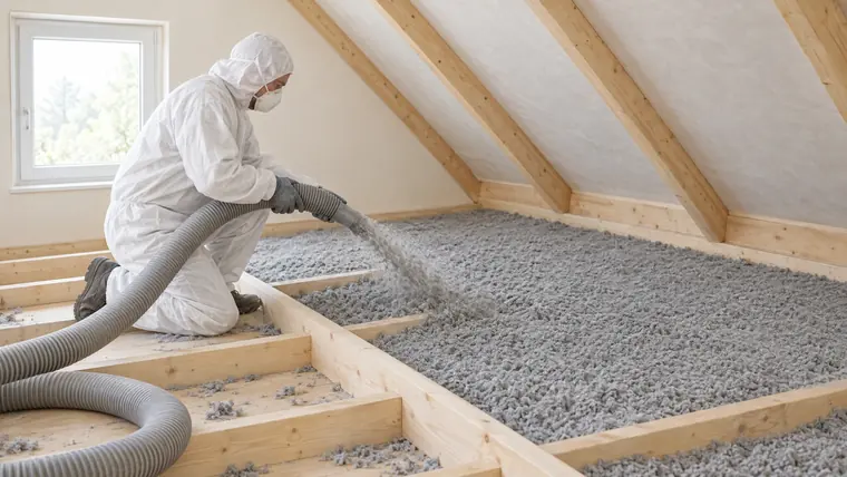 An installer in a white protective suit and mask kneels on attic floor joists, blowing grey loose-fill cellulose from a hose between them under sloping rafters