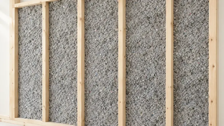 Grey loose-fill cellulose flecked with coloured paper, filling the bays between the studs of an open timber-frame wall