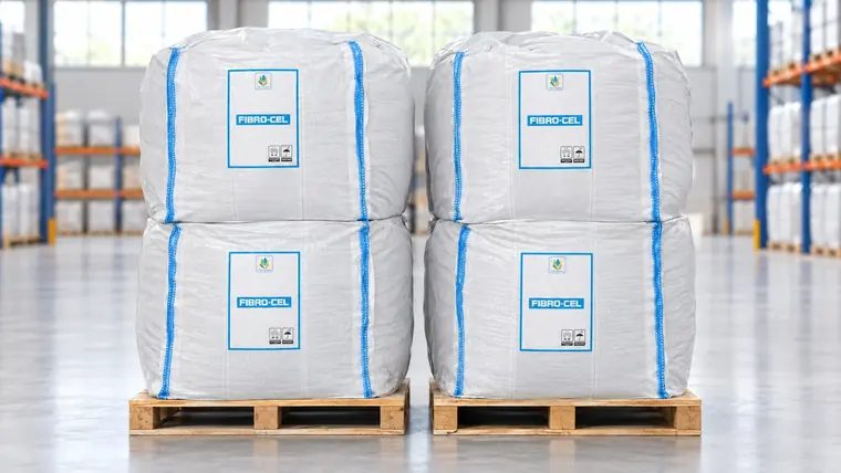 Four white woven big bags with blue lifting loops, stacked two high on two wooden pallets in a warehouse, each with a blue FIBRO-CEL label