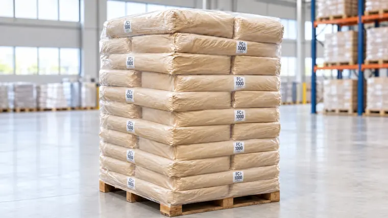 A pallet of kraft paper bags labelled FC 1000, stacked in layers and wrapped in clear film, in a warehouse